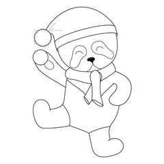 Coloring. The contour of a cute panda in a hat with a bubo and a scarf with a snowball in his hand on a white background. Winter illustration. Vector illustration. Beautiful black and white animal.