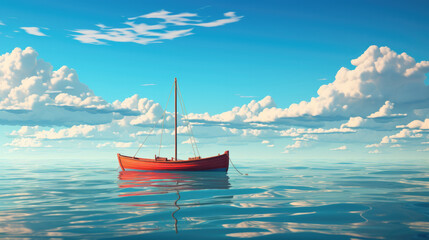  red boat stands on the sea against the blue sky and white clouds, Generative AI