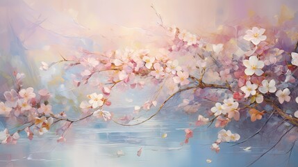  a painting of a tree with pink and white flowers on it.  generative ai