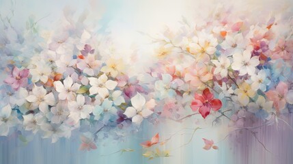  a painting of flowers on a blue and white background with a butterfly.  generative ai