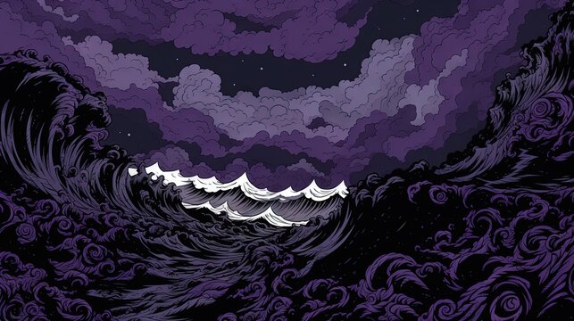  a painting of a wave in the ocean with purple clouds.  generative ai