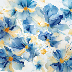 background  blue flowers with a yellow center, factory wallpaper, Generative AI