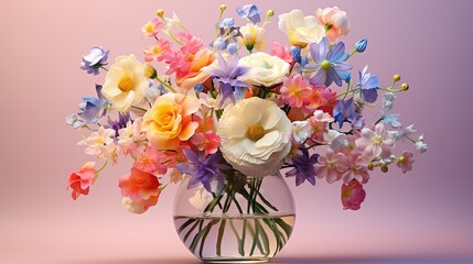  a glass vase filled with colorful flowers on a pink background.  generative ai