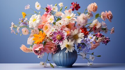 a blue vase filled with lots of colorful flowers on top of a table.  generative ai
