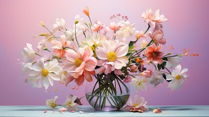  a glass vase filled with lots of pink and white flowers.  generative ai