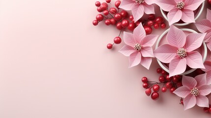  a pink background with red berries and flowers on the top.  generative ai