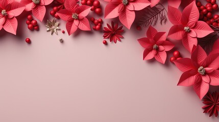  a pink background with poinsettia flowers and leaves.  generative ai