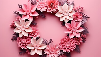  a pink paper flower wreath on a pink background with leaves and flowers.  generative ai