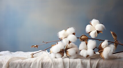  a branch with cotton flowers on a white table cloth with a blue background.  generative ai - obrazy, fototapety, plakaty