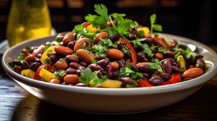  a white bowl filled with beans and veggies next to a glass of wine.  generative ai