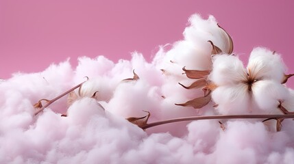  a pink background with cotton flowers and a pink sky in the background.  generative ai