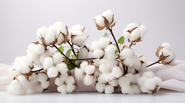  a bunch of cotton flowers on a white table cloth with a white background.  generative ai