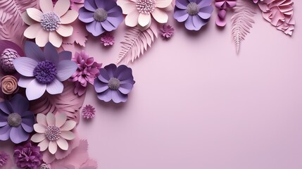  a pink and purple background with paper flowers and leaves on it.  generative ai