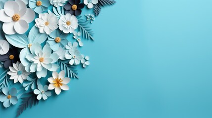  paper flowers on a blue background with leaves and flowers in the center.  generative ai