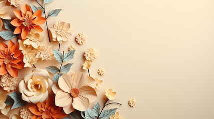  a bunch of paper flowers on a white background with a place for text.  generative ai