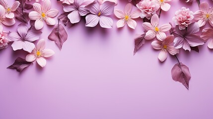  pink flowers on a purple background with leaves and petals in the center.  generative ai