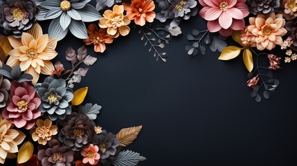  a bunch of flowers that are on a black background with a place for text.  generative ai
