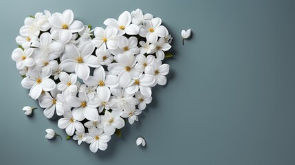  a heart shaped arrangement of white flowers on a blue background.  generative ai