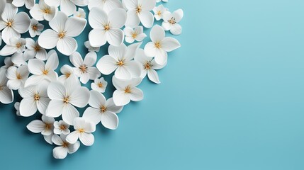  a bunch of white flowers are on a blue background with space for text.  generative ai