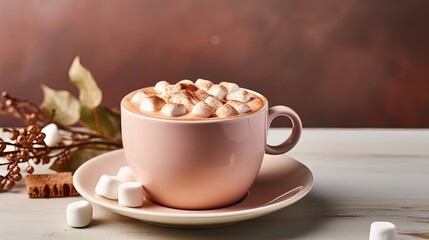  a cup of hot chocolate with marshmallows on a saucer.  generative ai
