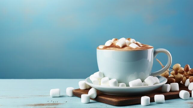  a cup of hot chocolate with marshmallows on a plate.  generative ai