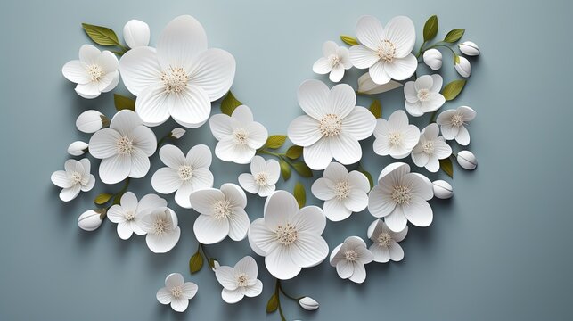  a bunch of white flowers with green leaves on a blue background.  generative ai