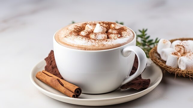  a cup of hot chocolate and cinnamon on a saucer.  generative ai