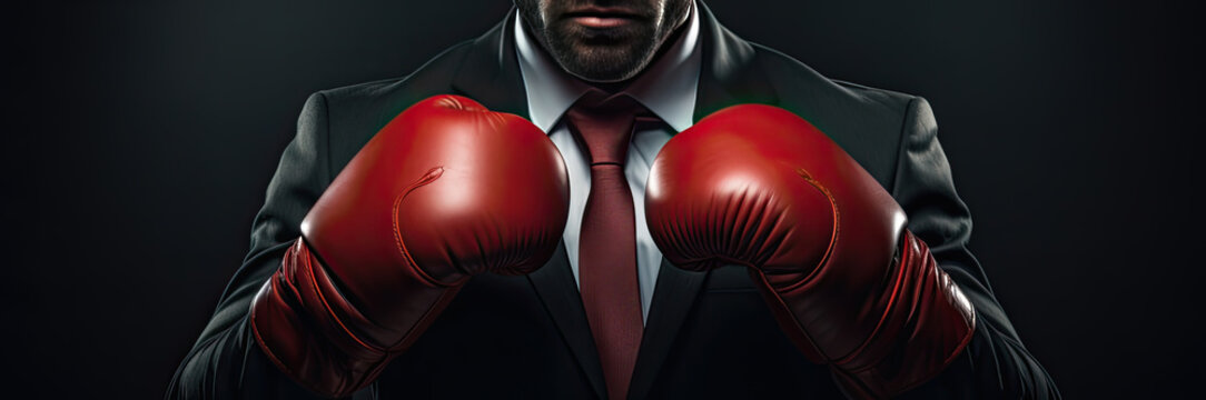 A business man in a black suit with red boxing gloves. Generative AI