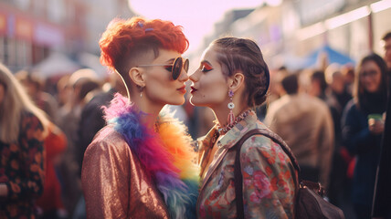 Two women kissing at gay pride, lgbt, lgbtqia, lesbians, bisexual, pride parade, love and romance, rainbow flags, make-upn short hair, long hair,  - obrazy, fototapety, plakaty