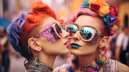 Obraz premium Two women kissing at gay pride, lgbt, lgbtqia, lesbians, bisexual, pride parade, love and romance, rainbow flags, make-upn short hair, long hair, 