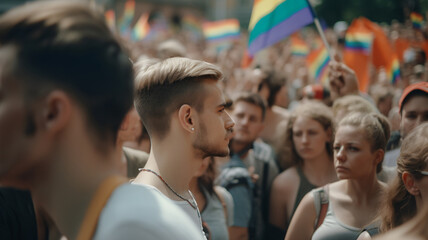 Fototapeta premium Close up of a man at gay pride, gay man in the crowd, rainbow flags, make-up, photograph, press photo of a pride parade, love, lgbt, lgbtqia, made with generative AI
