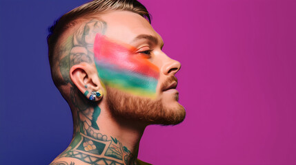 Close up of a man, bisexual flag, gay man in the crowd, rainbow flags, make-up, photograph, press photo of a pride parade, love, lgbt, lgbtqia, made with generative AI