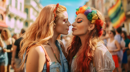Two women kissing at gay pride, lgbt, lgbtqia, lesbians, bisexual, pride parade, love and romance, rainbow flags, make-up