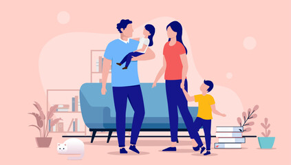 Family with children - Parents with two kids standing indoors in living room in casual clothes. Flat design vector illustration