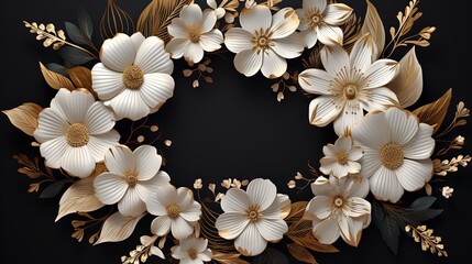 Fototapeta na wymiar a wreath of white flowers and leaves on a black background. generative ai