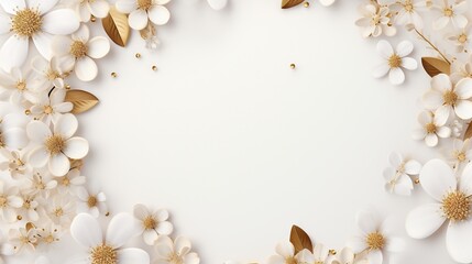  a white background with white and gold flowers and gold leaves.  generative ai