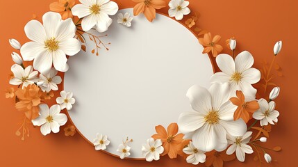  a white and orange floral arrangement on an orange background with space for text.  generative ai