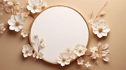  an oval frame with flowers on a beige background with a gold border.  generative ai