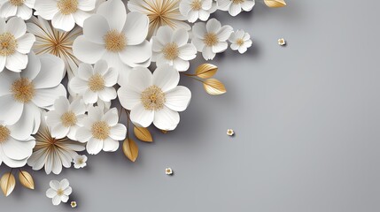  a bunch of white flowers with gold leaves on a gray background.  generative ai