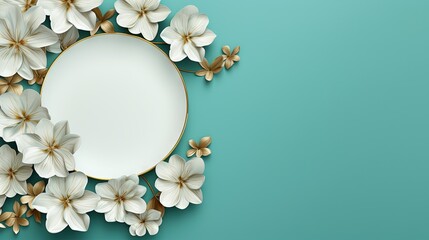  a white plate surrounded by white flowers on a blue background.  generative ai