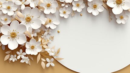  a white paper surrounded by white flowers on a brown background.  generative ai