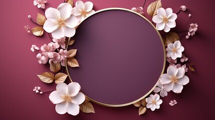  a round frame with flowers on a purple background with a gold border.  generative ai