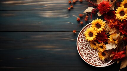  a plate with sunflowers and autumn leaves on a table.  generative ai