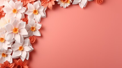  a pink background with white and orange flowers on top of it.  generative ai