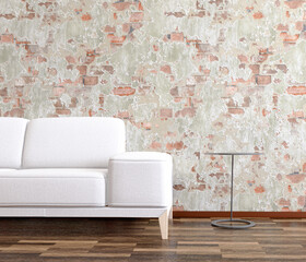 Old style livingroom design, white sofa and brick wall
