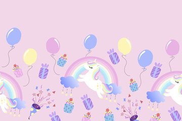 Birthday party doodle background with Unicorns,rainbows, balloons , cakes, gifts, confetti. Hand drawn cartoon doodle party on pink background. Vector illustration.