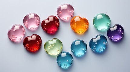  a group of different colored hearts on a white surface with water droplets.  generative ai