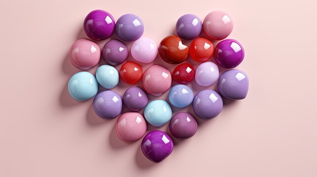  a heart shaped arrangement of colored eggs on a pink background.  generative ai