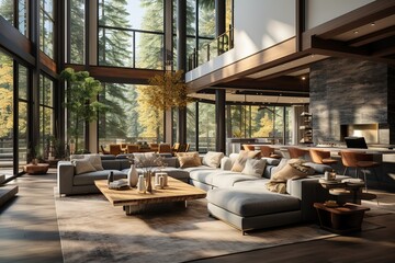 Naklejka premium Contemporary living room interior in new modern home with open concept floor plan. Shows kitchen, dining room, and wall of windows with amazing exterior