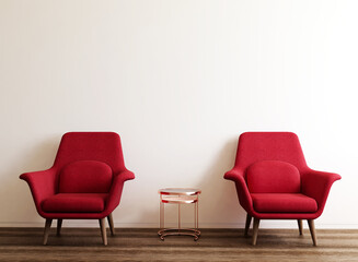 Livingroom mockup with two red chairs and table, interior room mockup